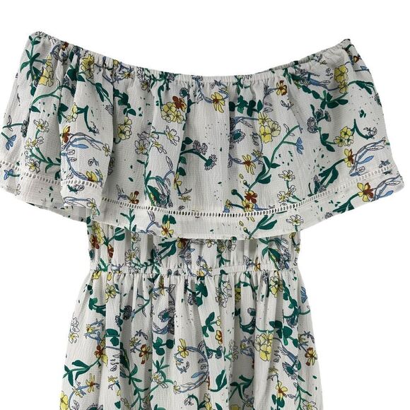 Off The Shoulder Midi Dress Ruffle White Green Floral Size 4 Pretty Little Thing - Picture 2 of 9